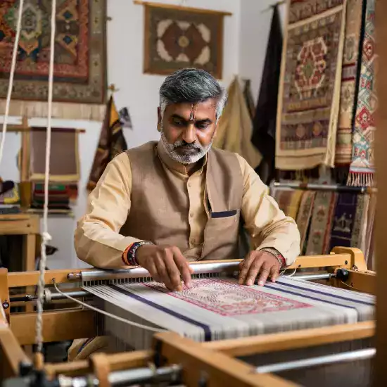 Custom carpet design consultation process showing color samples pattern books digital design software client meeting room personalization options available at MirzapurLooms workshop