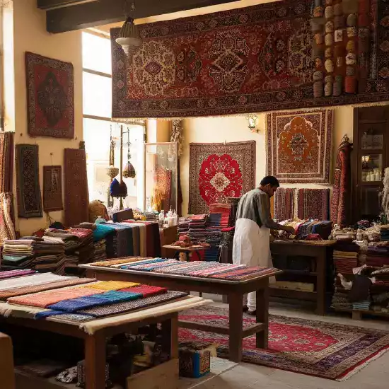 Original MirzapurLooms workshop established in 1920 by Master Weaver Prithviraj Sharma with three hand-knotting looms in historic Mirzapur carpet district