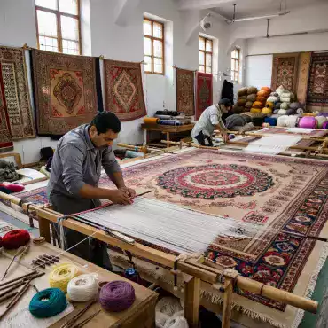Main production weaving floor at MirzapurLooms workshop showing twenty-three vertical hand-knotting looms operating simultaneously with master weavers creating carpets in climate-controlled facility