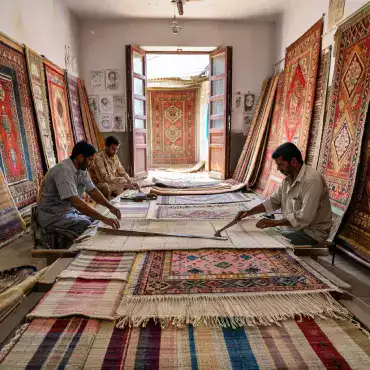 Master weaver Rajesh Kumar with thirty-five years experience hand-knotting twelve by fifteen feet silk carpet eight months in progress using traditional Persian knot technique