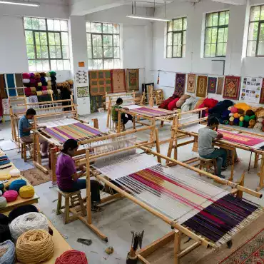 Digital pattern design suite room at MirzapurLooms with computer workstations converting client photographs into detailed hand-knotting weaving charts for custom carpet production