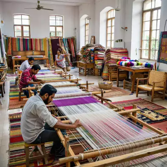 Kumar family workshop expansion in 1955 showing fifteen vertical looms and natural dye facility added to accommodate growing international demand