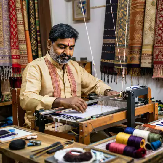 Master weaver Rajesh Kumar with thirty-five years experience hand-knotting Persian knots on vertical loom creating intricate floral medallion pattern carpet design